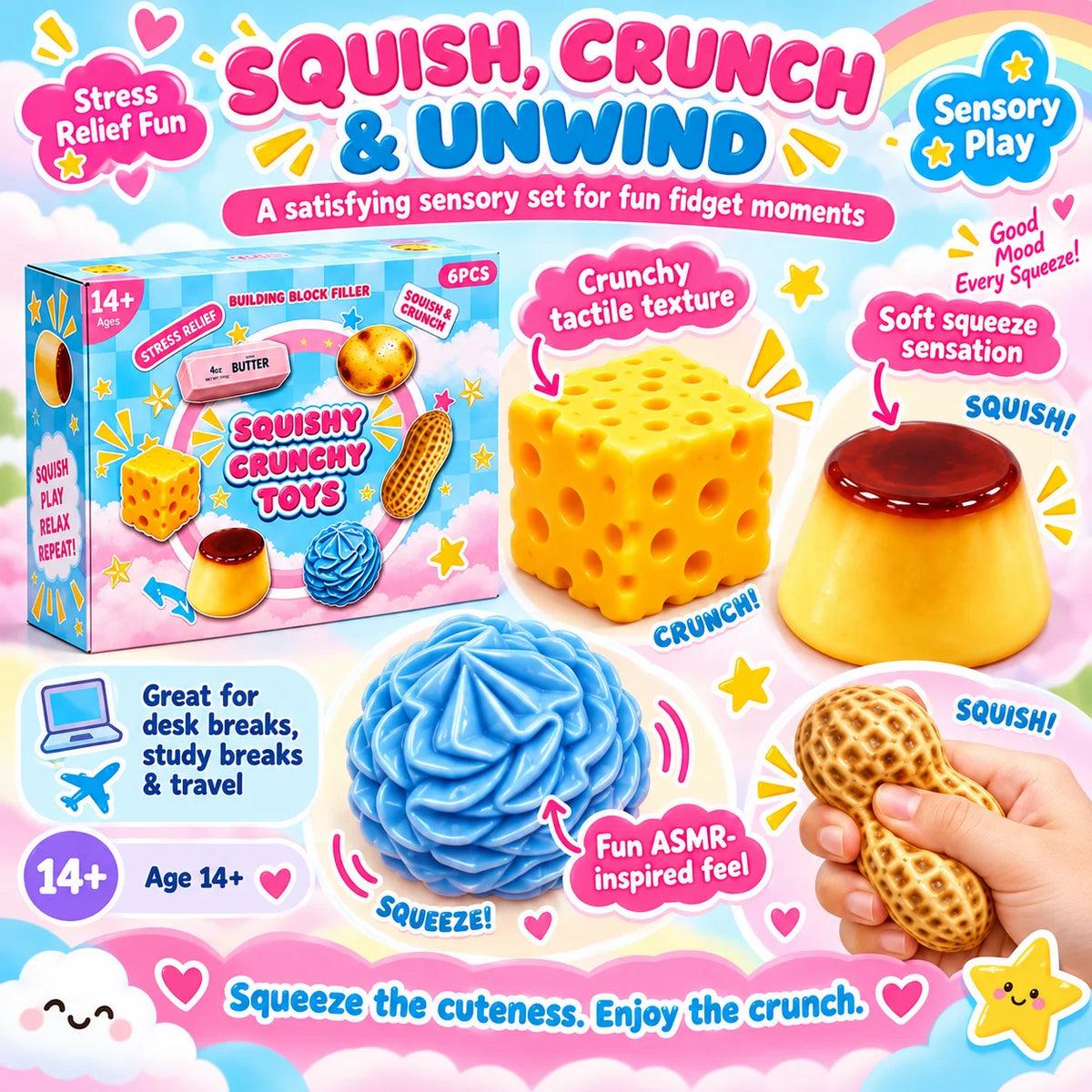 6PCS Soft Maltose Squishy Toy Set Slow Rebound Squeeze Fidget Sensory Stress Relief Tactile Desk Decor 2026 Novelty Gift