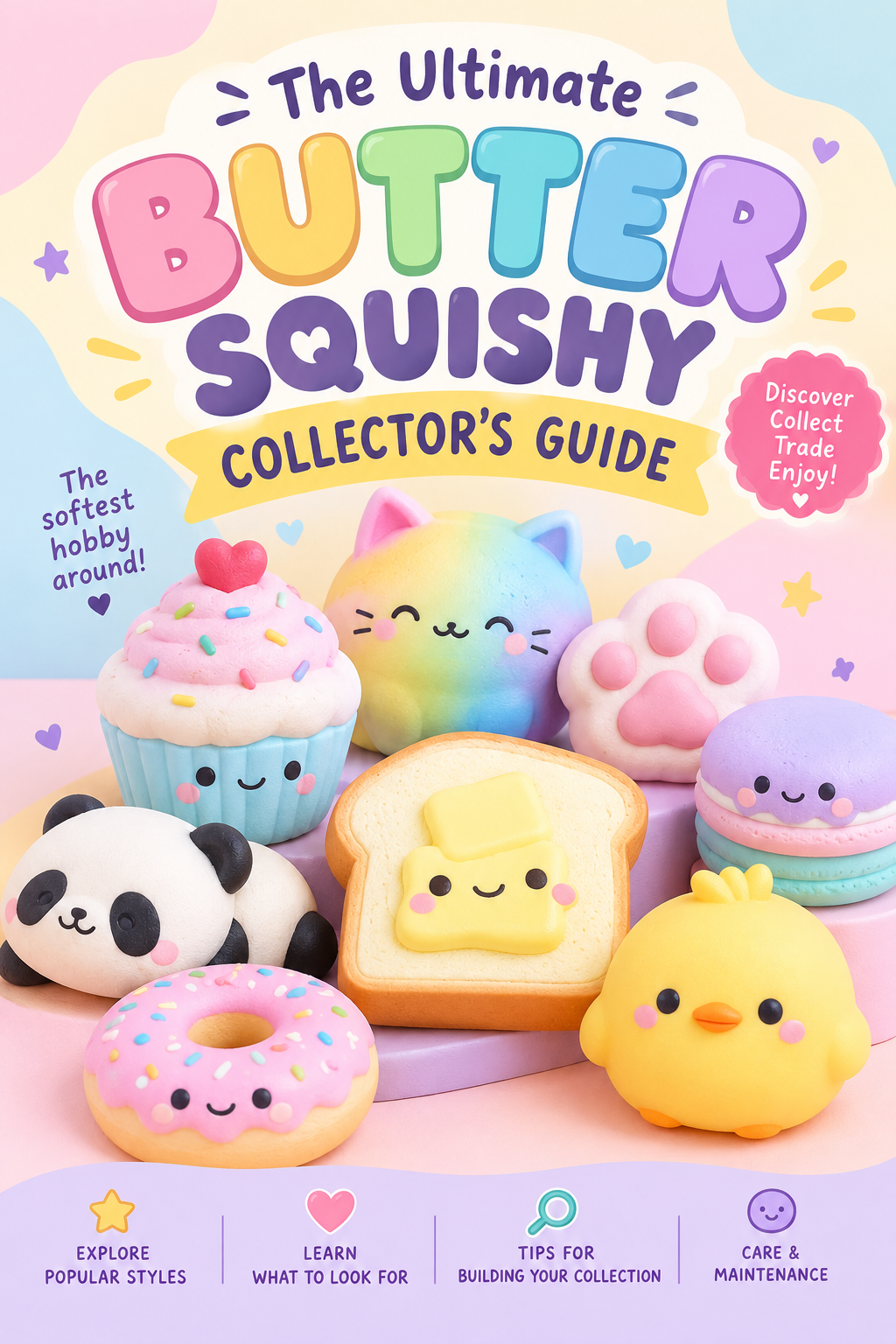 Colorful butter squishy toys arranged on a pastel background with guide title
