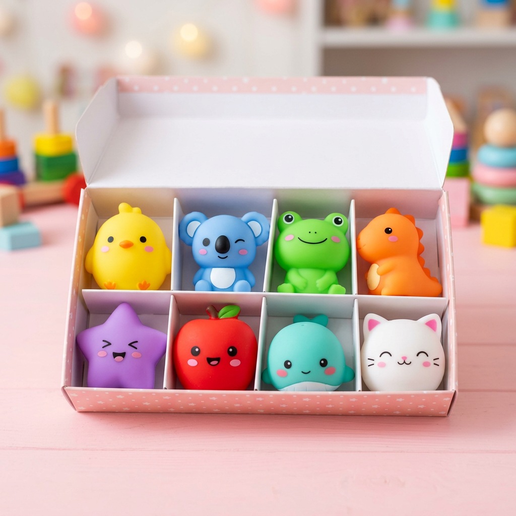 8-piece colorful squishy toy gift box on pastel pink background