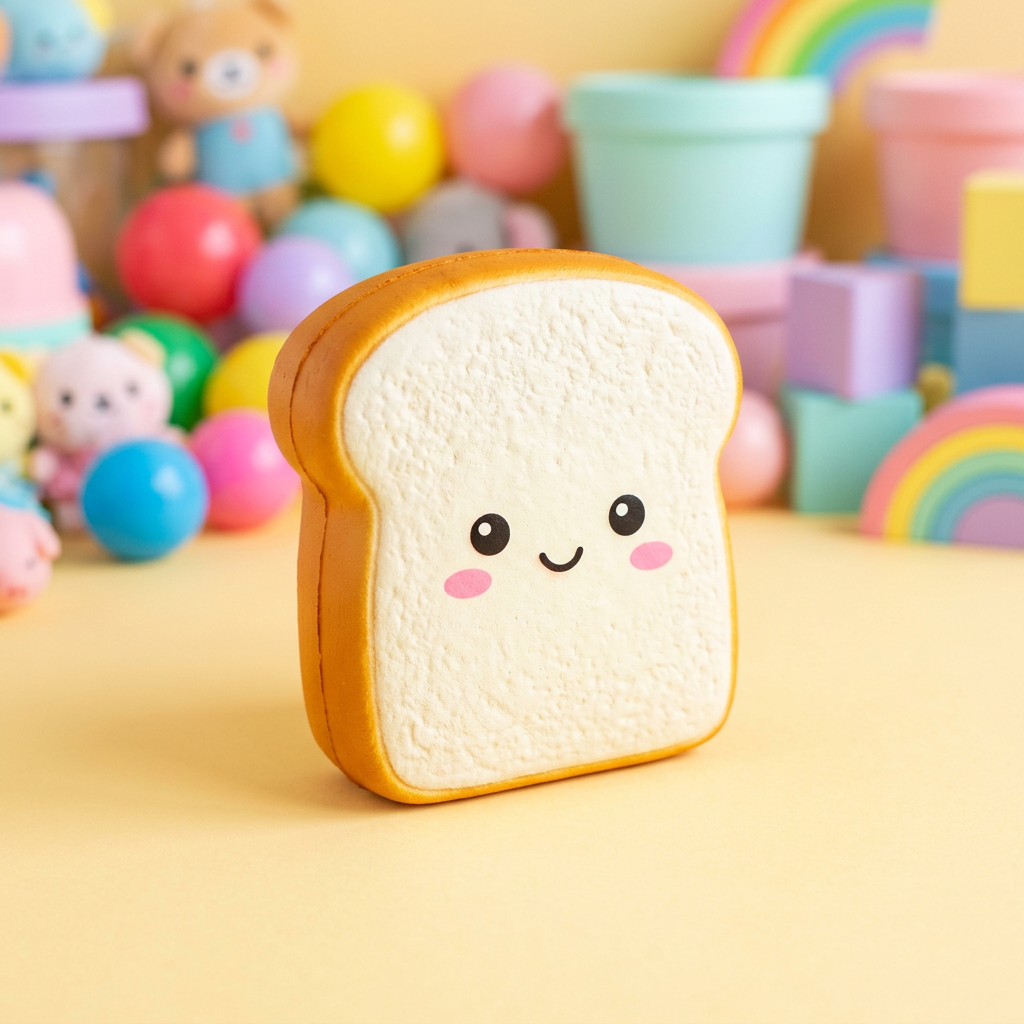 Kawaii toast bread squishy toy on pastel yellow background