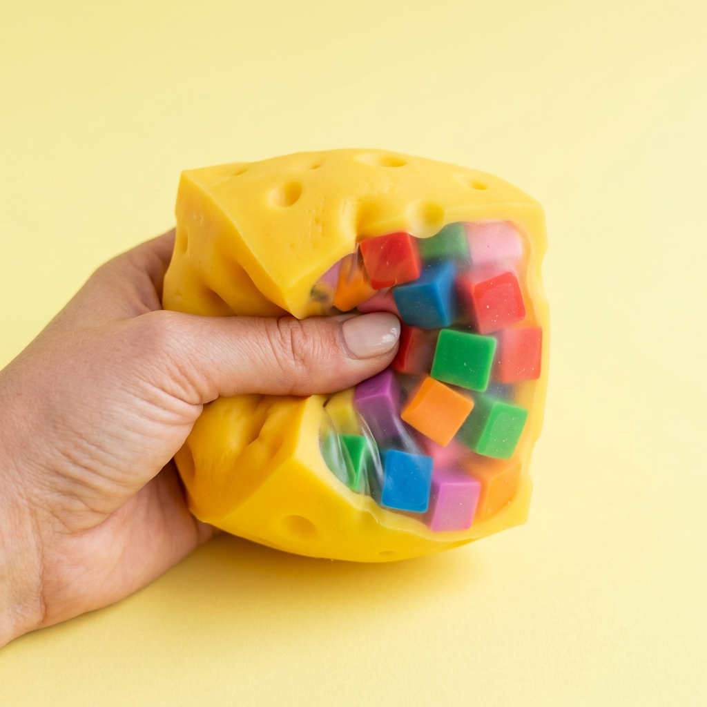 Cheese cube squishy stress ball with colorful block filling on pastel yellow background