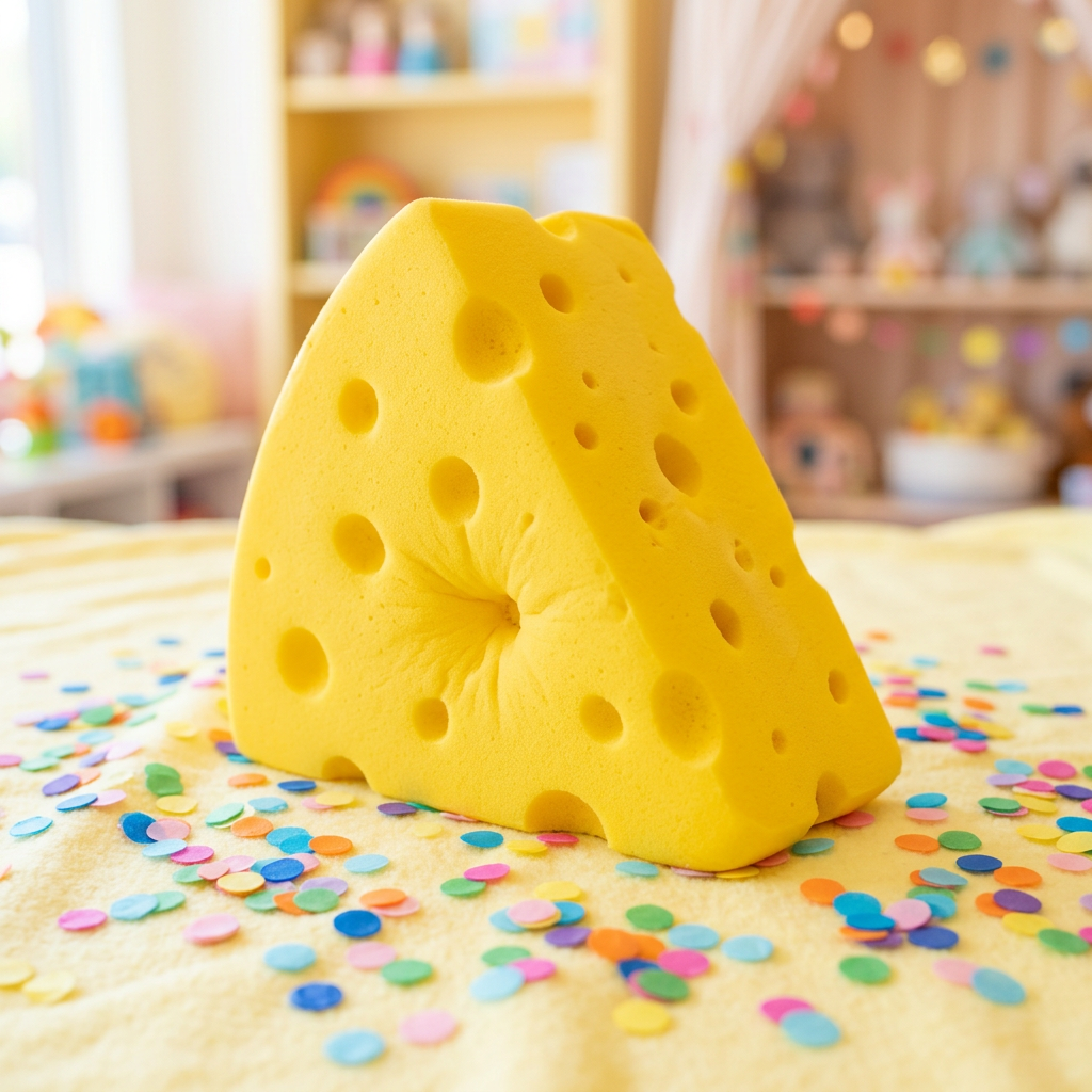 Giant yellow cheese wedge squishy toy on pastel background with confetti