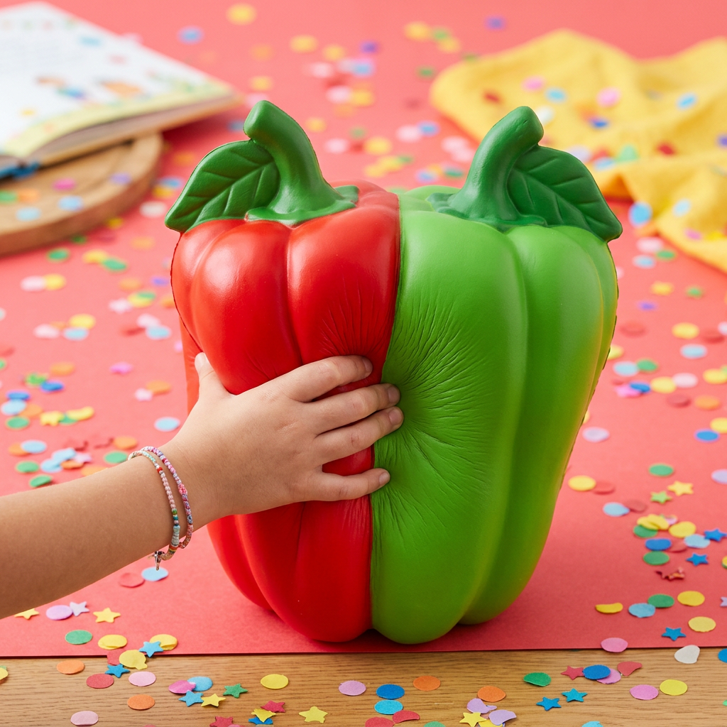 Giant red and green pepper squishy fidget toy on pastel red background with confetti